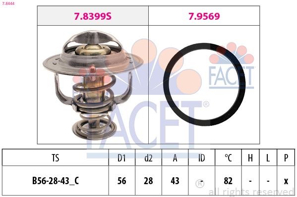 FACET 7.8444: Termostaat, Jahutusvedelik 82°C, 56mm, 28mm, koos tihendiga, Made in Italy - OE Equivalent