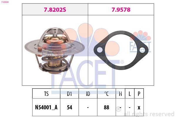 FACET 7.8358: Termostaat, Jahutusvedelik 88°C, 54mm, koos tihendiga, Made in Italy - OE Equivalent