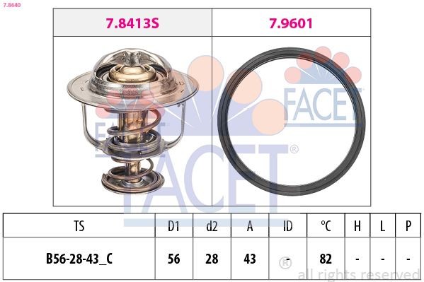 FACET 7.8640: Termostaat, Jahutusvedelik 82°C, 56mm, 28mm, koos tihendiga, Made in Italy - OE Equivalent