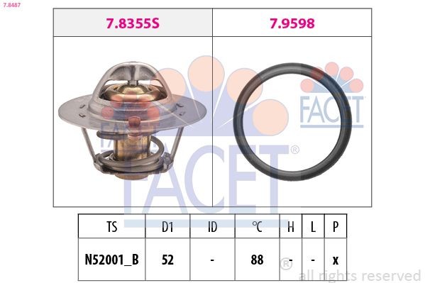 FACET 7.8487: Termostaat, Jahutusvedelik 88°C, 52mm, koos tihendiga, Made in Italy - OE Equivalent