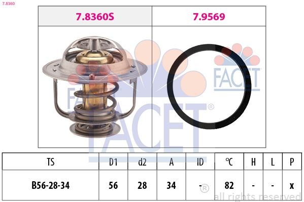 FACET 7.8360: Termostaat, Jahutusvedelik 82°C, 56mm, 28mm, koos tihendiga, Made in Italy - OE Equivalent