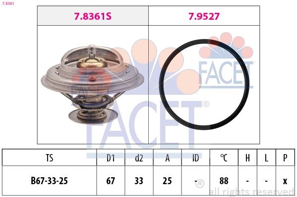 FACET 7.8361: Termostaat, Jahutusvedelik 88°C, 67mm, 33mm, koos tihendiga, Made in Italy - OE Equivalent