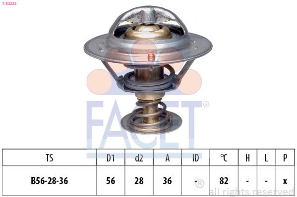 FACET 7.8222S: Termostaat, Jahutusvedelik 82°C, 56mm, 28mm, ilma tihendita, Made in Italy - OE Equivalent