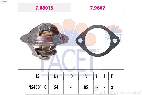 FACET 7.8801: Termostaat, Jahutusvedelik 85°C, 54mm, koos tihendiga, Made in Italy - OE Equivalent