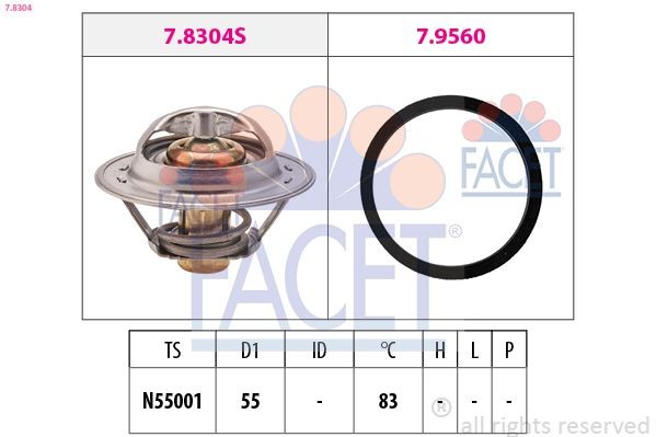 FACET 7.8304: Termostaat, Jahutusvedelik 83°C, 55mm, koos tihendiga, Made in Italy - OE Equivalent