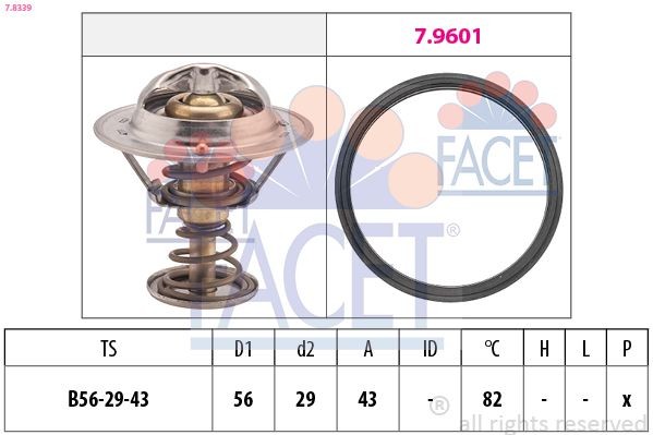FACET 7.8339: Termostaat, Jahutusvedelik 82°C, 56mm, 29mm, Made in Italy - OE Equivalent