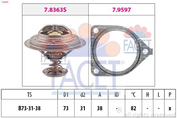 FACET 7.8441: Termostat, lichid racire 82°C, 73mm, 31mm, cu etansare, Made in Italy - OE Equivalent