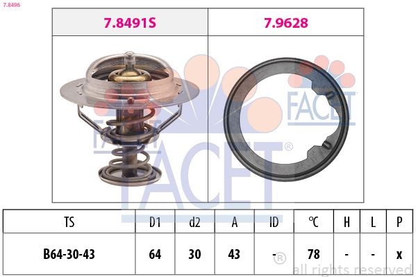 FACET 7.8496: Termostaat, Jahutusvedelik 78°C, 64mm, 30mm, koos tihendiga, Made in Italy - OE Equivalent