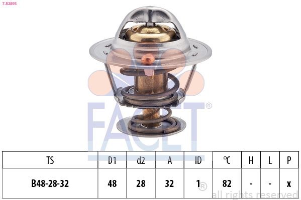 FACET 7.8289S: Termostaat, Jahutusvedelik 82°C, 48mm, 28mm, ilma tihendita, Made in Italy - OE Equivalent