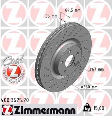 ZIMMERMANN 400.3625.20: Piduriketas Ø: 360mm, sisemine õhutus, perforeeritud, Ø: 360mm, kaetud COAT Z