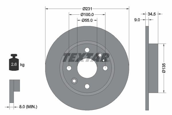 TEXTAR 92096600: Piduriketas Ø: 231mm, täis, Ø: 231mm, ilma rattakeskmeta, ilma rattalaagrita, ilma rattakinnituspoltideta