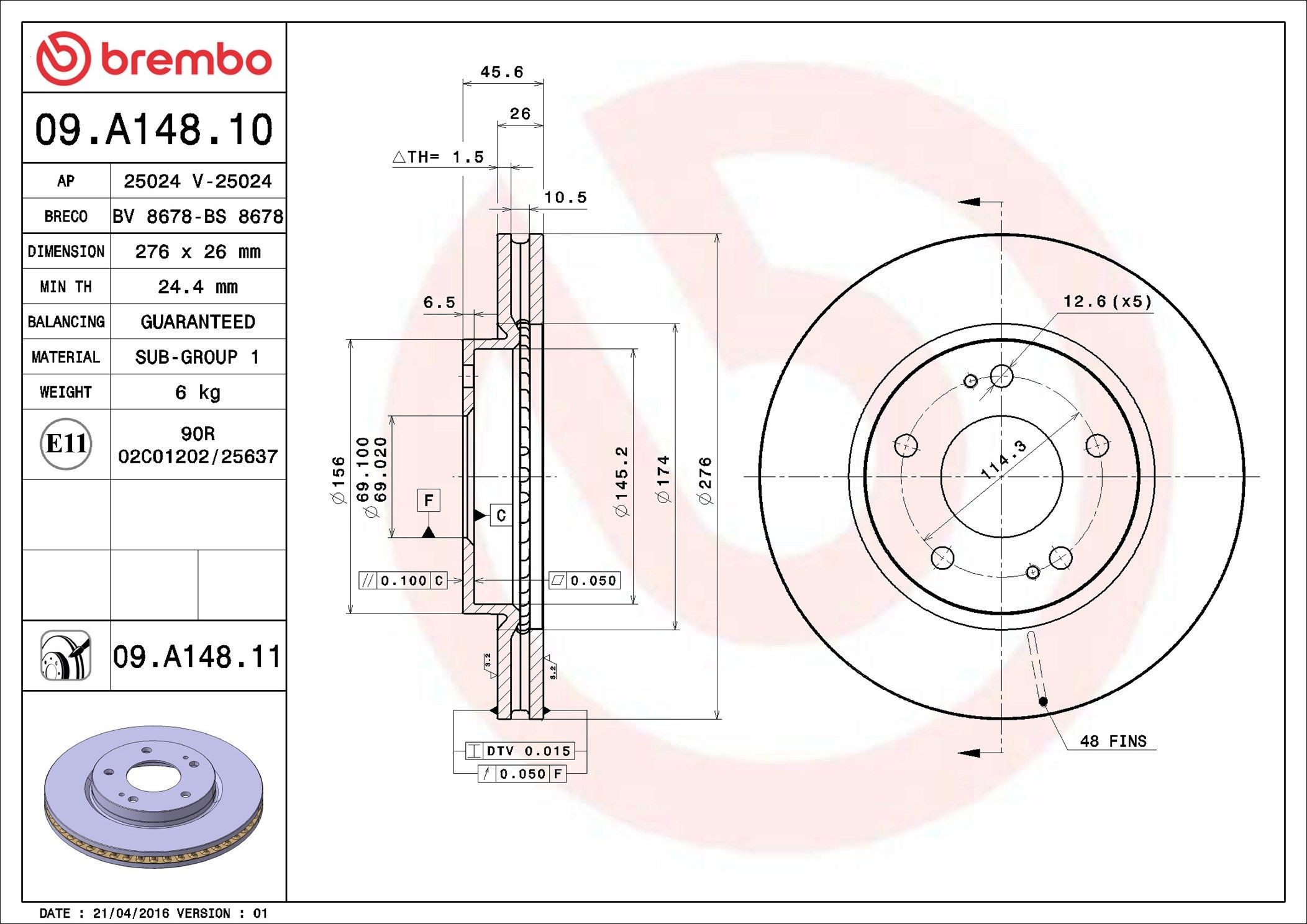 BREMBO 09.A148.11: Piduriketas Ø: 276mm, sisemine õhutus, Ø: 276mm, kaetud COATED DISC LINE