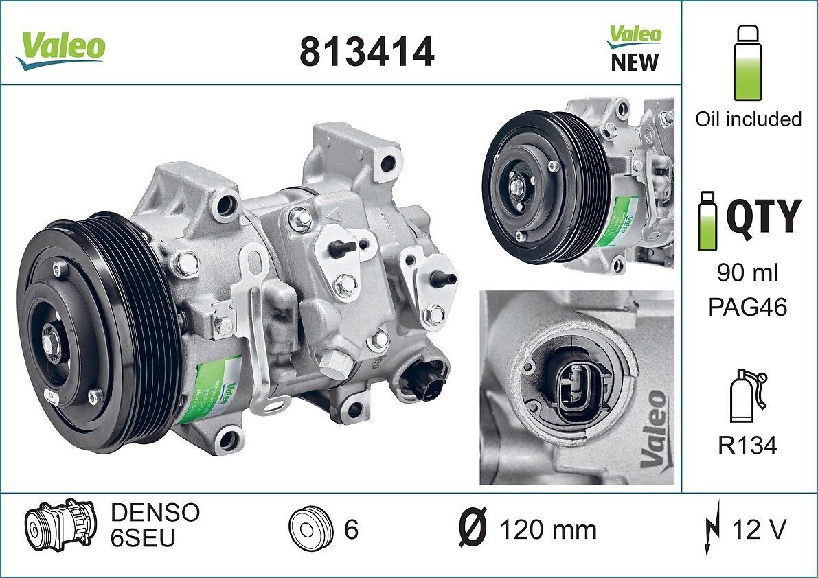 VALEO 813414: Kompresor klimatizácie s PAG - kompresorovym olejom, NEW ORIGINAL PART