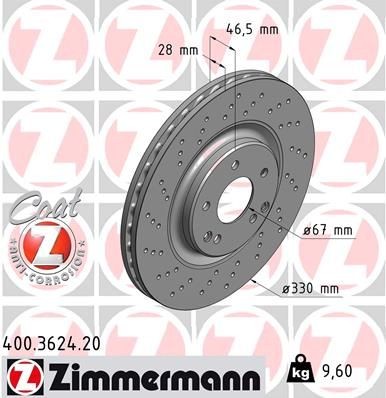 ZIMMERMANN 400.3624.20: Disc de frână Ř: 330mm, ventilat interior, perforat, Ř: 330mm, acoperit (cu un strat protector) COAT Z