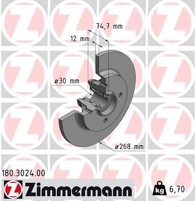 ZIMMERMANN 180.3024.00: Disco de freno Ø: 268mm, macizo, Ø: 268mm, con cojinete rueda, con anillo sensor ABS