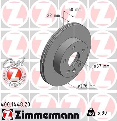 ZIMMERMANN 400.1448.20: Piduriketas Ø: 276mm, sisemine õhutus, Ø: 276mm, kaetud COAT Z