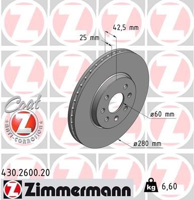 ZIMMERMANN 430.2600.20: Disc de frână Ř: 280mm, ventilat interior, Ř: 280mm, acoperit (cu un strat protector) COAT Z