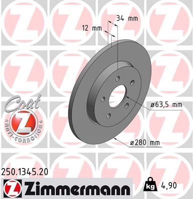 ZIMMERMANN 250.1345.20: Piduriketas Ø: 280mm, täis, Ø: 280mm, kaetud COAT Z