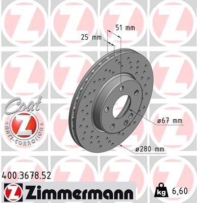 ZIMMERMANN 400.3678.52: Piduriketas Ø: 280mm, sisemine õhutus, perforeeritud, Ø: 280mm, kaetud SPORT COAT Z