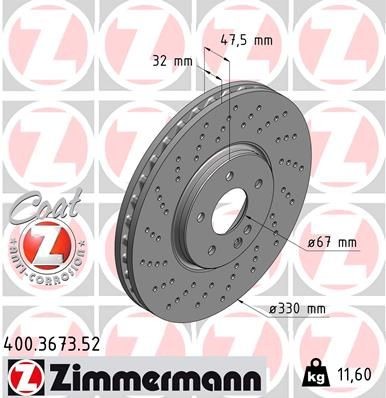 ZIMMERMANN 400.3673.52: Piduriketas Ø: 330mm, sisemine õhutus, perforeeritud, Ø: 330mm, kaetud SPORT COAT Z