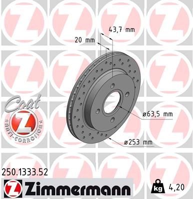 ZIMMERMANN 250.1333.52: Piduriketas Ø: 253mm, sisemine õhutus, perforeeritud, Ø: 253mm, kaetud SPORT COAT Z