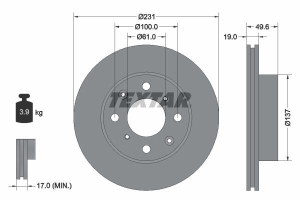 TEXTAR 92046700: Bromsskiva Ø: 231mm, ventilerad invändigt, Ø: 231mm, utan hjulvnav, utan hjulbultar