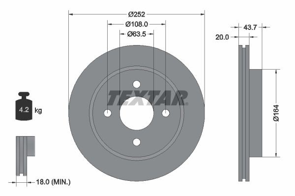 TEXTAR 92063600: Piduriketas Ø: 252mm, sisemine õhutus, Ø: 252mm, ilma rattakeskmeta, ilma rattalaagrita, ilma rattakinnituspoltideta