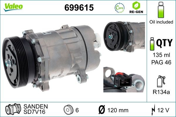 VALEO 699615: Compresor AC cu elei compresor-PAG, REMANUFACTURED