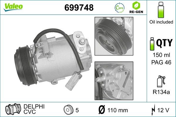 VALEO 699748: Compresor AC cu elei compresor-PAG, REMANUFACTURED
