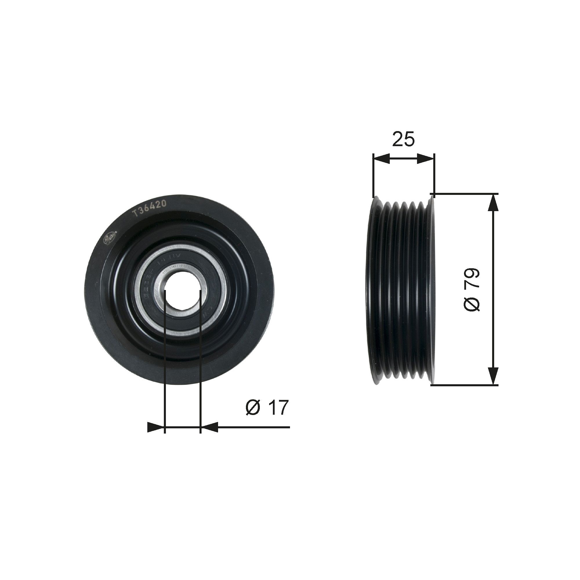 GATES T36420: Rola ghidare / conducere, curea transmisie Ř: 79mm, Ř: 79mm, cu caneluri, Micro-V® UNIQUE FIT