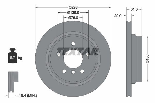 TEXTAR 92075105: Disc de frână Ř: 298mm, ventilat exterior, Ř: 298mm, acoperit (cu un strat protector), fara butuc roata, fara rulment roata, fara suruburi de fixare roata PRO+