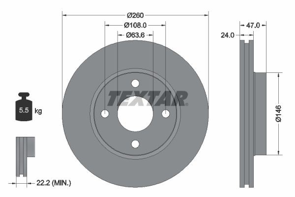 TEXTAR 92063503: Piduriketas Ø: 260mm, sisemine õhutus, Ø: 260mm, kaetud, ilma rattakeskmeta, ilma rattalaagrita, ilma rattakinnituspoltideta PRO