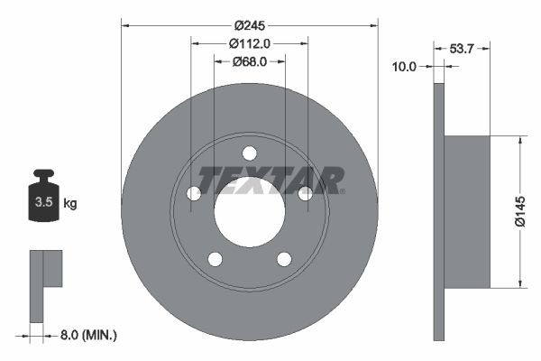 TEXTAR 92090803: Stabdžių diskas Ø: 245mm, visiškai, Ø: 245mm, padengta, be rato stebulės, be rato guolio, be rato tvirtinimo smeigių PRO