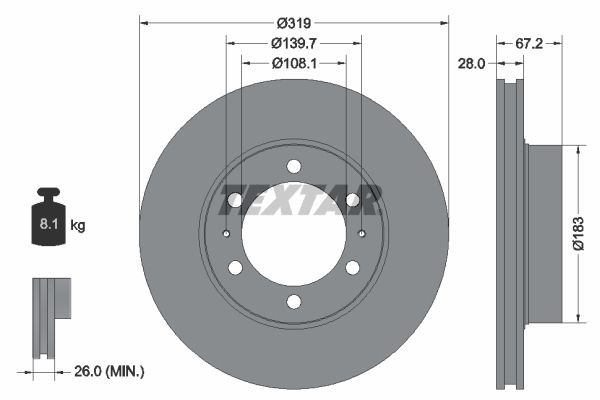 TEXTAR 92230403: Piduriketas Ø: 319mm, sisemine õhutus, Ø: 319mm, kaetud, ilma rattakeskmeta, ilma rattalaagrita, ilma rattakinnituspoltideta PRO