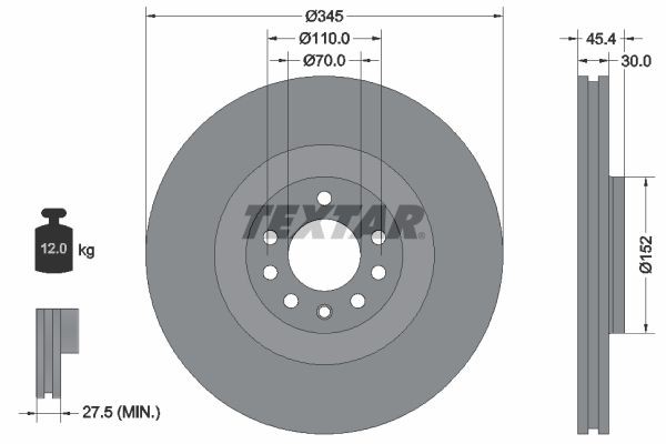 TEXTAR 92242403: Piduriketas Ø: 345mm, sisemine õhutus, Ø: 345mm, kaetud, ilma rattakeskmeta, ilma rattalaagrita, ilma rattakinnituspoltideta PRO