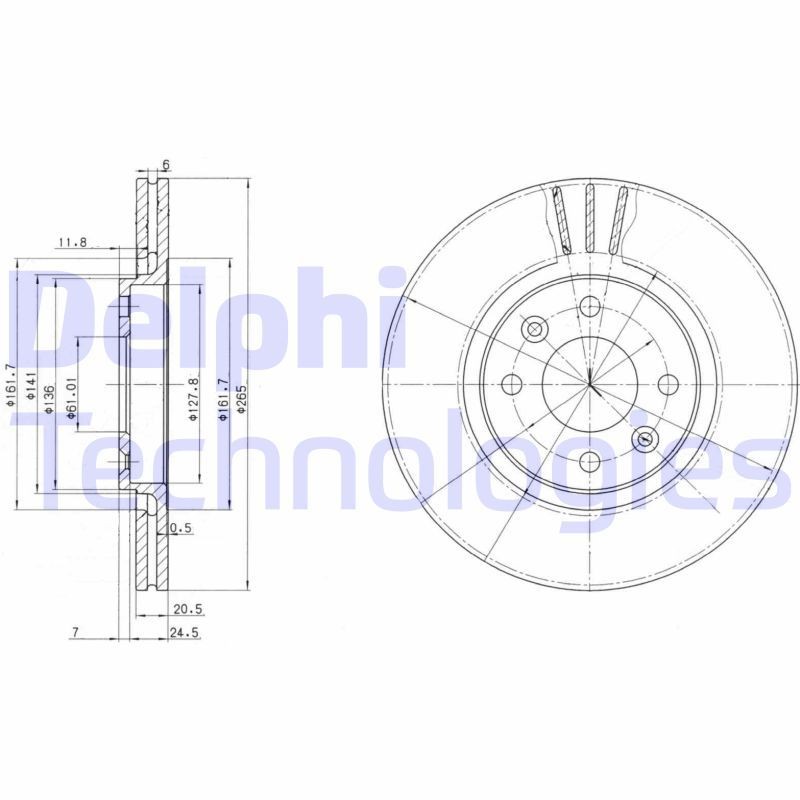 DELPHI BG2448: Piduriketas Ø: 264mm, õhutusega, Ø: 264mm, õlitatud