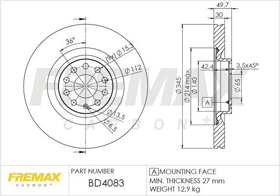 FREMAX BD-4083: Piduriketas Ø: 345mm, õhutusega, Ø: 345mm, kaetud, Premium Black Carbon +