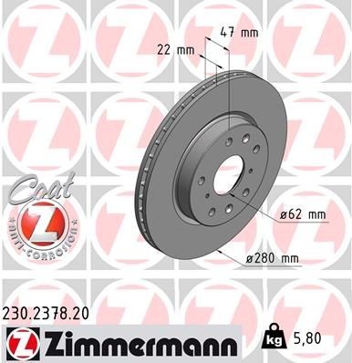 ZIMMERMANN 230.2378.20: Disc de frână Ř: 280mm, ventilat interior, Ř: 280mm, acoperit (cu un strat protector) COAT Z