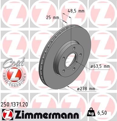 ZIMMERMANN 250.1371.20: Piduriketas Ø: 278mm, sisemine õhutus, Ø: 278mm, kaetud COAT Z