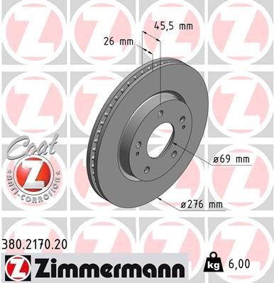 ZIMMERMANN 380.2170.20: Piduriketas Ø: 276mm, sisemine õhutus, Ø: 276mm, kaetud COAT Z