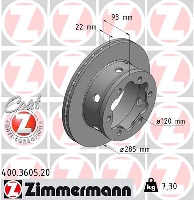 ZIMMERMANN 400.3605.20: Disc de frână Ř: 285mm, ventilat interior, Ř: 285mm, acoperit (cu un strat protector) COAT Z