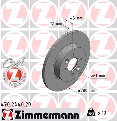 ZIMMERMANN 470.2440.20: Disc de frână Ř: 280mm, plin, Ř: 280mm, acoperit (cu un strat protector) COAT Z