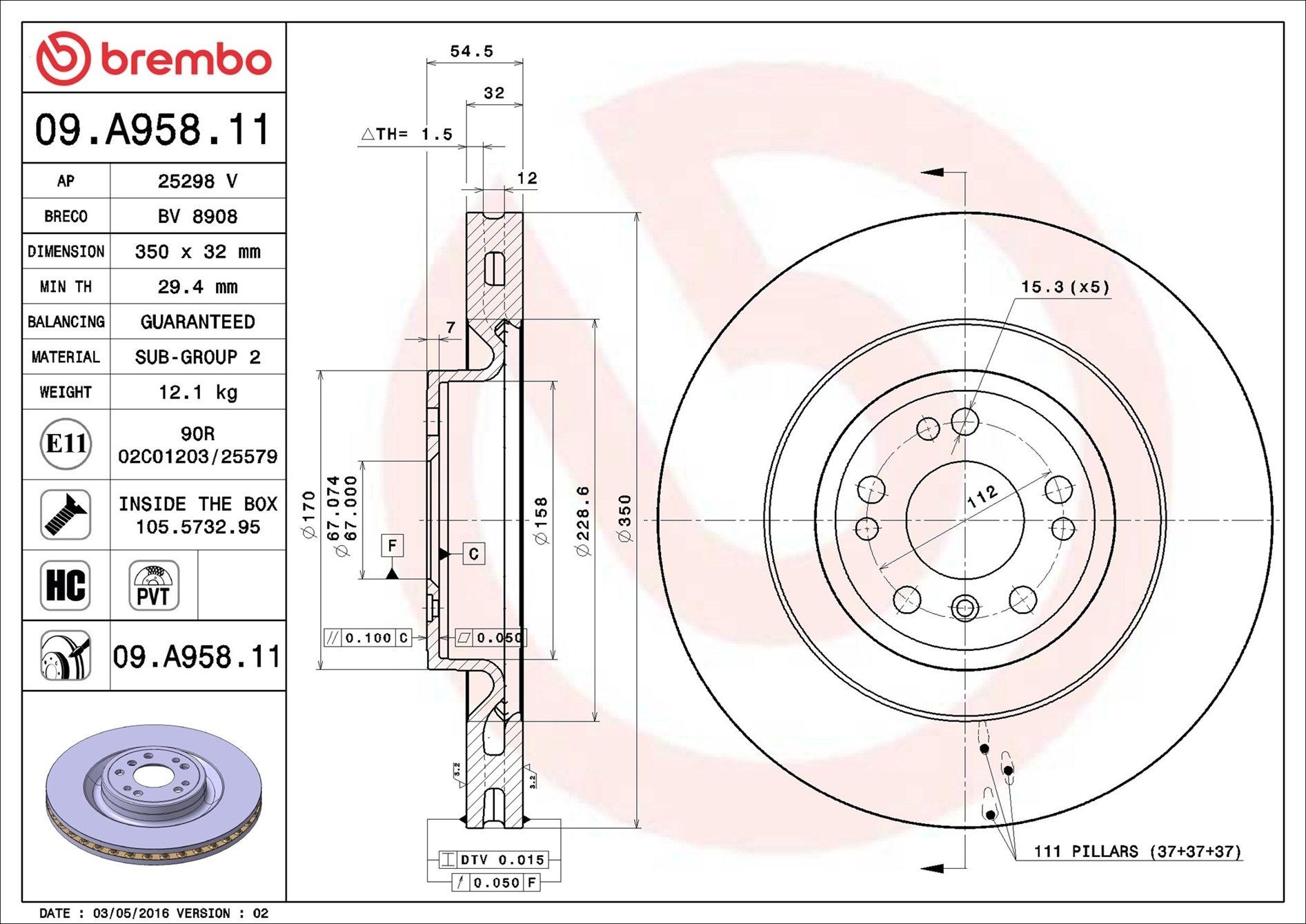 BREMBO 09.A958.11: Brzdový kotouč R: 350mm, vnitřně větráno, R: 350mm, nátěr, se šrouby COATED DISC LINE