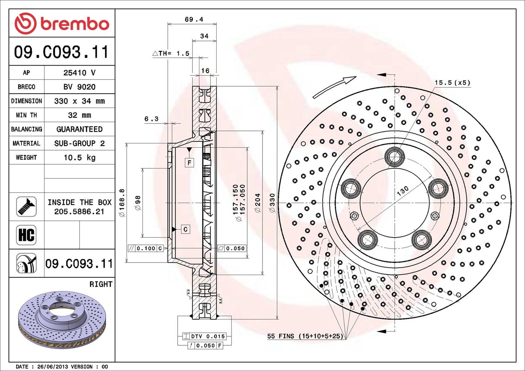 BREMBO 09.C093.11: Disc de frână Ř: 330mm, perforat/ventilat interior, Ř: 330mm, acoperit (cu un strat protector), cu suruburi COATED DISC LINE