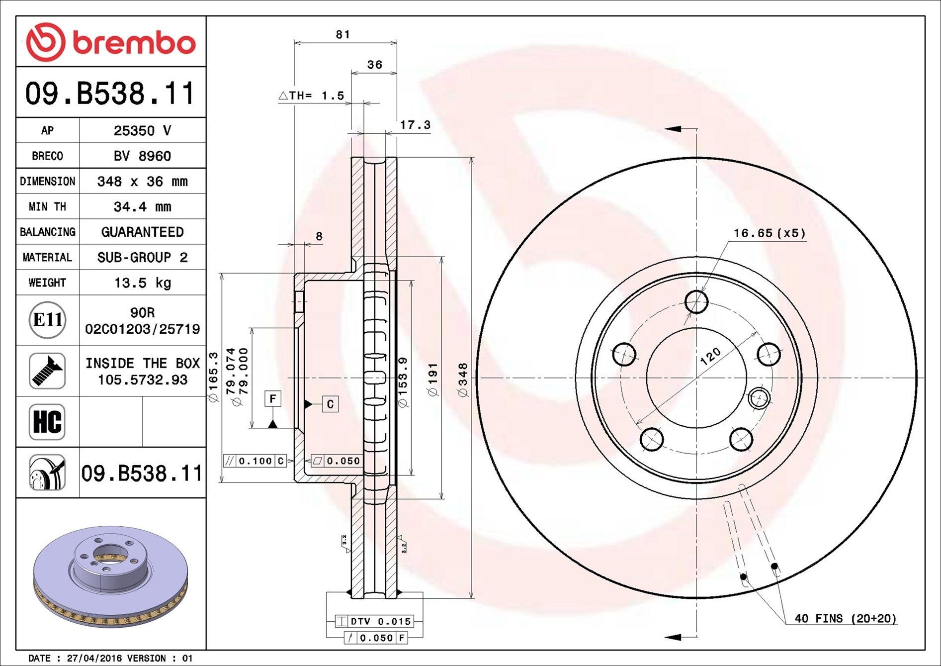 BREMBO 09.B538.11: Disc de frână Ř: 348mm, ventilat interior, Ř: 348mm, acoperit (cu un strat protector), cu suruburi COATED DISC LINE