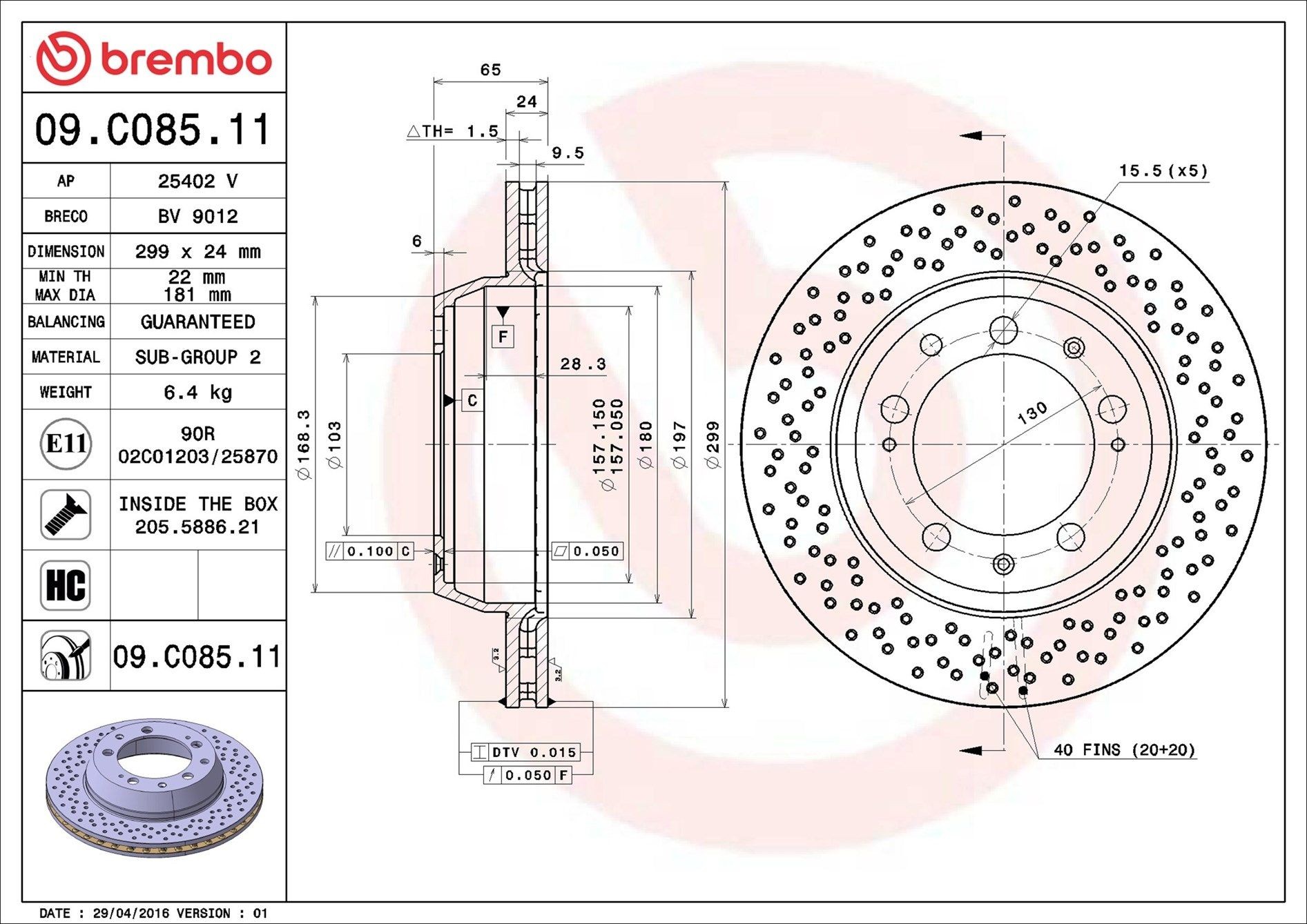 BREMBO 09.C085.11: Disc de frână Ř: 299mm, perforat/ventilat interior, Ř: 299mm, acoperit (cu un strat protector), cu suruburi COATED DISC LINE
