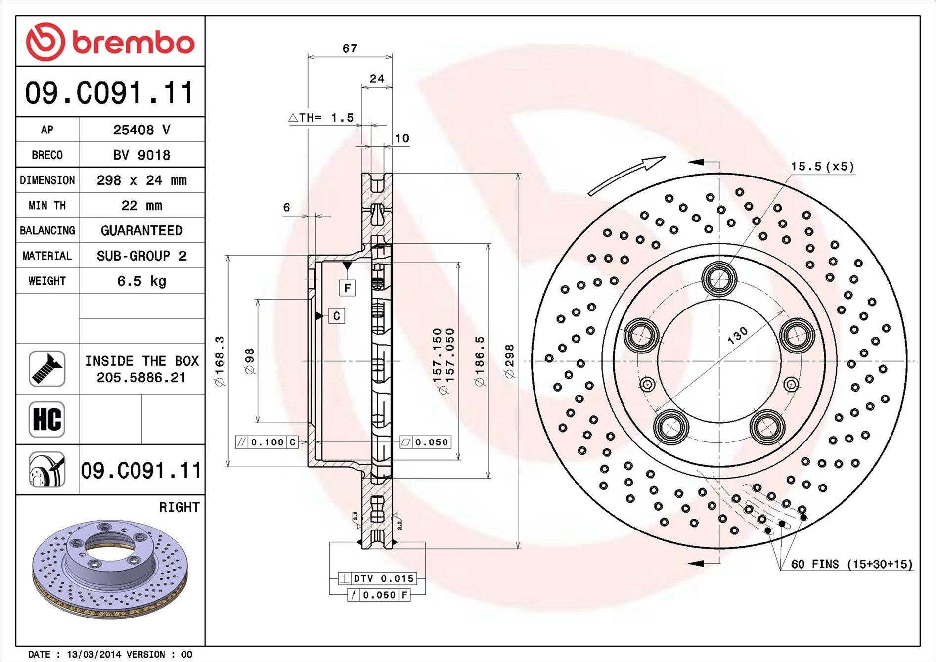 BREMBO 09.C091.11: Disc de frână Ř: 298mm, perforat/ventilat interior, Ř: 298mm, acoperit (cu un strat protector), cu suruburi COATED DISC LINE