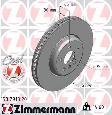 ZIMMERMANN 150.2913.20: Piduriketas Ø: 374mm, sisemine õhutus, Ø: 374mm, kaetud COAT Z