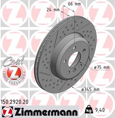 ZIMMERMANN 150.2920.20: Piduriketas Ø: 345mm, sisemine õhutus, piludega, kaldu, Ø: 345mm, kaetud COAT Z