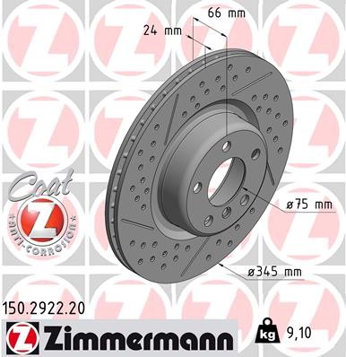 ZIMMERMANN 150.2922.20: Piduriketas Ø: 345mm, sisemine õhutus, piludega, kaldu, Ø: 345mm, kaetud COAT Z